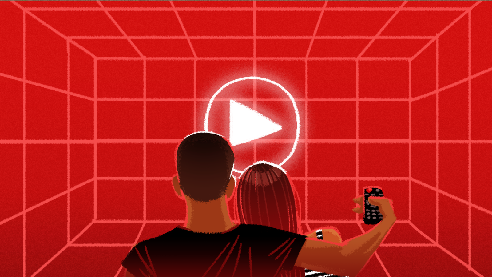 Illustration of two people watching a red screen with a grid overlay and a play symbol in the center of the image. 