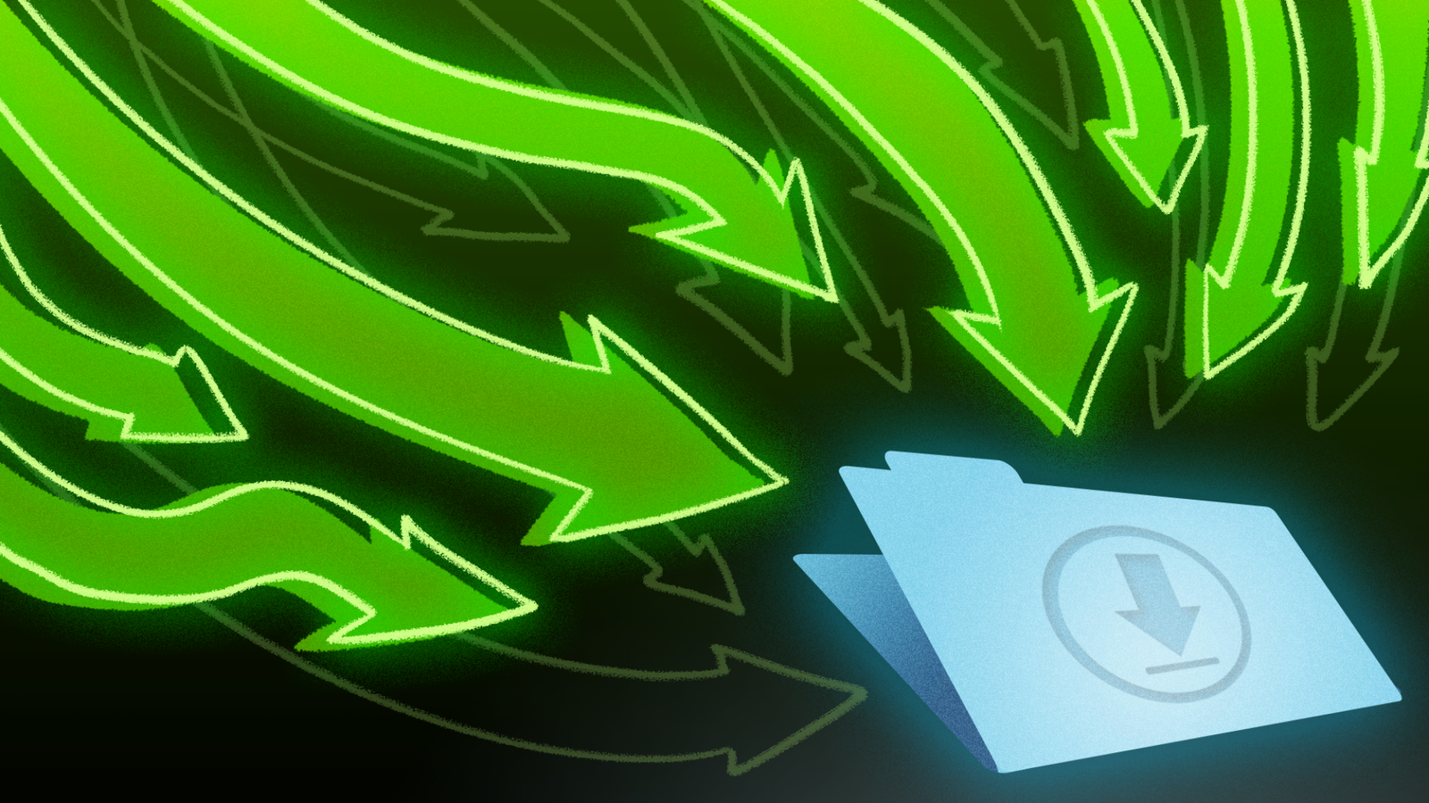 An illustration of several green arrows pointing to a blue folder. 